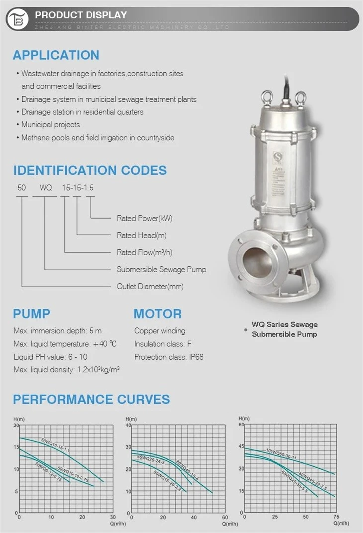 Hot Sale 100WQ65-18-5.5S Submersible Stainless Steel Sewage Drainage Water Pump
